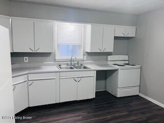 kitchen featuring white cabinets, electric range, dark hardwood / wood-style floors, and sink