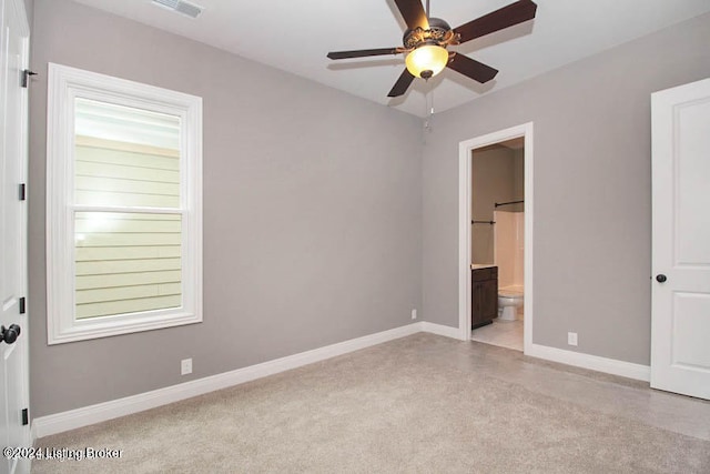 10614 Meeting St Lot 318, Prospect, KY 40059 - unfurnished bedroom with visible vents, connected bathroom, baseboards, light colored carpet, and a ceiling fan