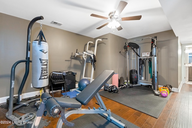 exercise room featuring ceiling fan and wood-type flooring