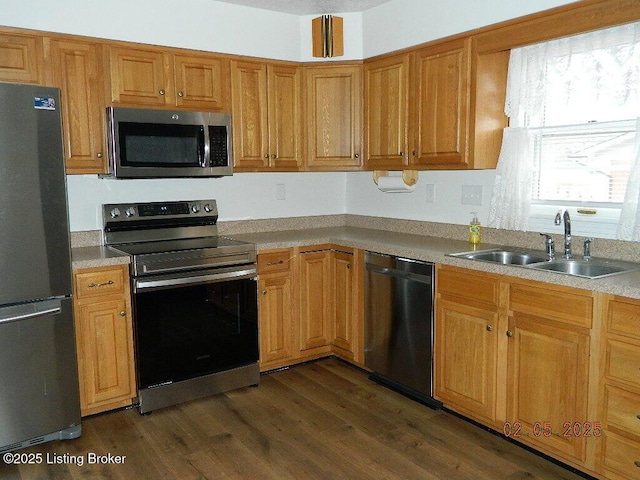 kitchen with sink, dark hardwood / wood-style floors, and appliances with stainless steel finishes