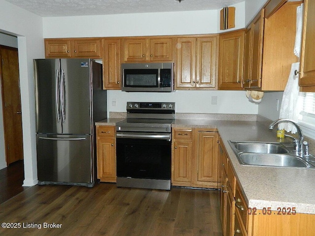 kitchen with dark wood-type flooring, appliances with stainless steel finishes, sink, and a textured ceiling