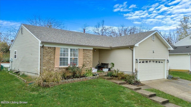 ranch-style home with a garage and a front yard