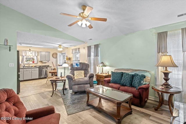 living room featuring light hardwood / wood-style floors, a textured ceiling, and a wealth of natural light