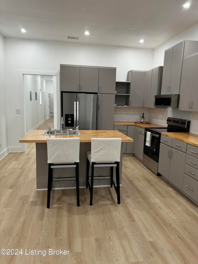 kitchen with gray cabinets, a kitchen bar, butcher block counters, and stainless steel appliances