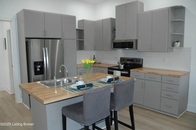 kitchen with stainless steel appliances, butcher block countertops, a sink, gray cabinets, and open shelves