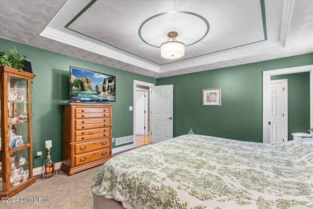 carpeted bedroom featuring a tray ceiling