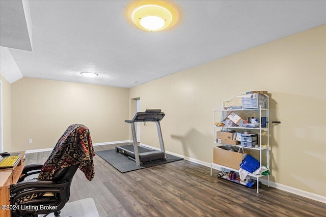 workout room with a textured ceiling, lofted ceiling, and hardwood / wood-style flooring