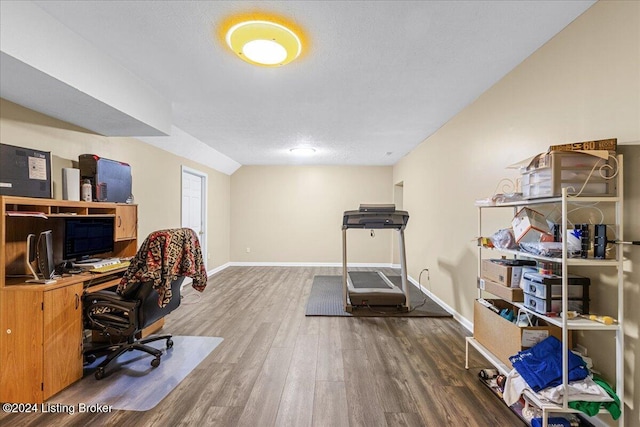 office featuring a textured ceiling and hardwood / wood-style flooring