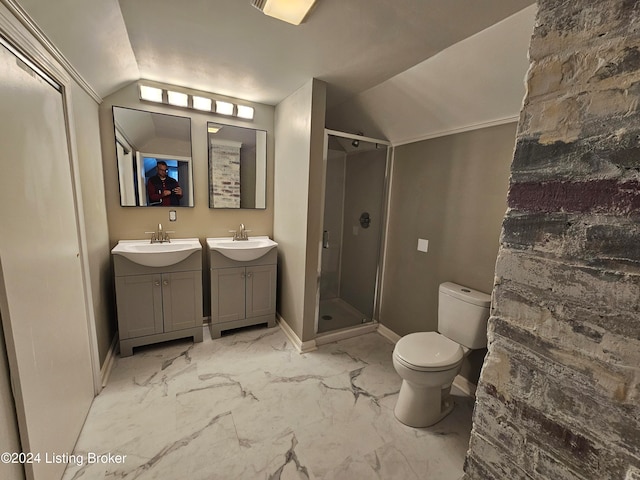 bathroom featuring vanity, toilet, walk in shower, and vaulted ceiling