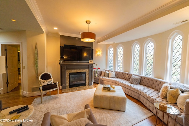 living room featuring wood-type flooring and crown molding