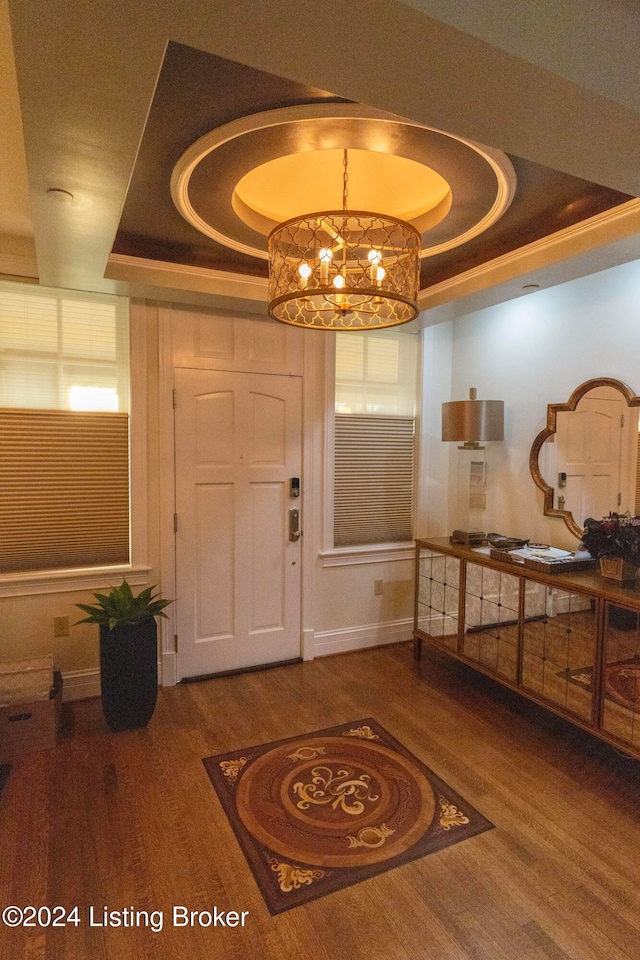 entryway featuring a tray ceiling, a notable chandelier, and hardwood / wood-style flooring