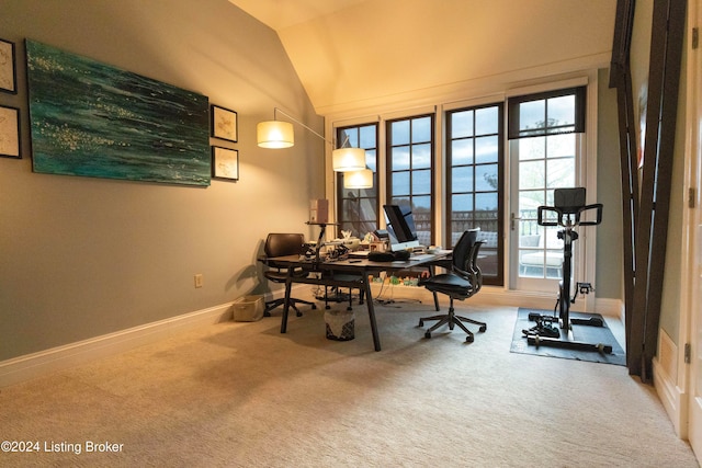 carpeted office with a wealth of natural light and vaulted ceiling