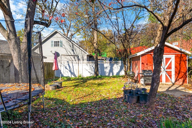 view of yard featuring a shed and a trampoline