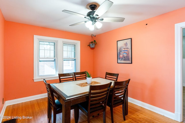 dining room with ceiling fan and light wood-type flooring