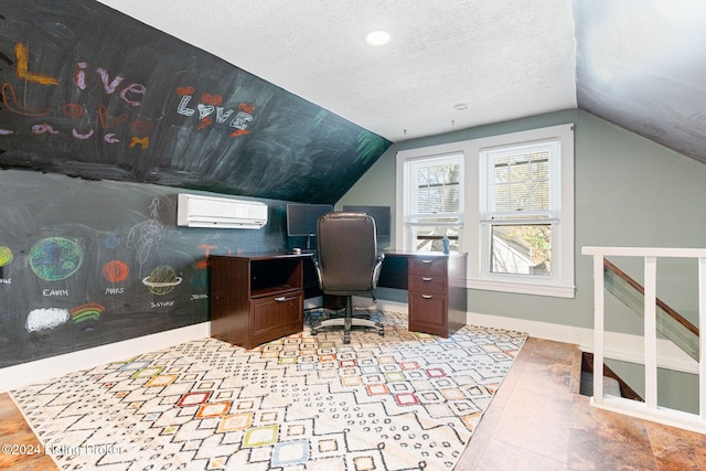 office space featuring lofted ceiling, an AC wall unit, and a textured ceiling