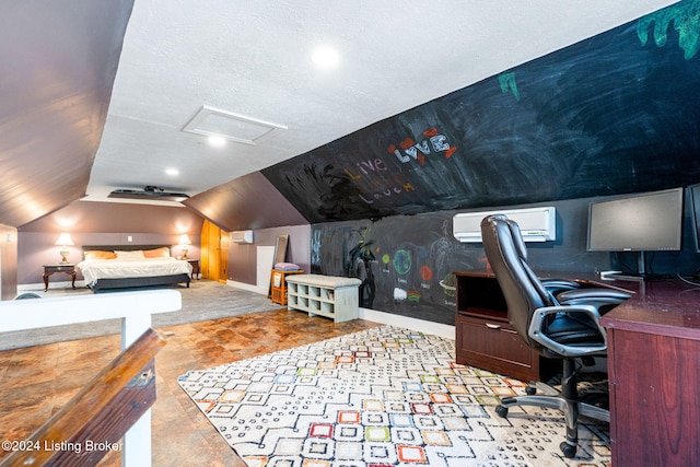 bedroom featuring lofted ceiling, an AC wall unit, and light carpet