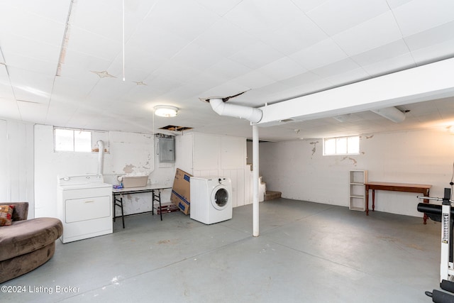 basement with washer / clothes dryer, plenty of natural light, and electric panel