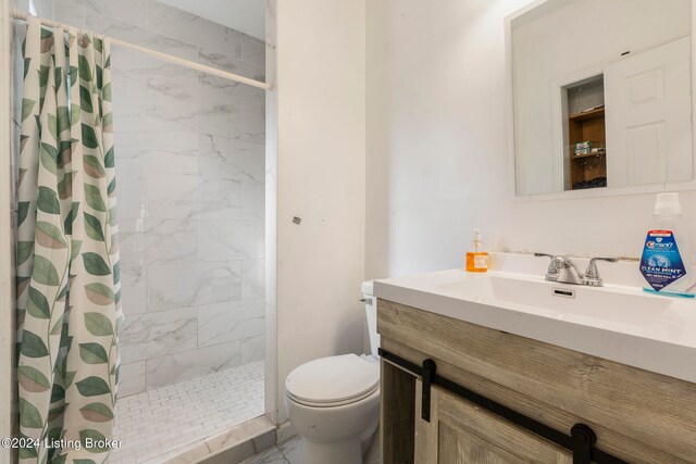 bathroom featuring vanity, toilet, and curtained shower