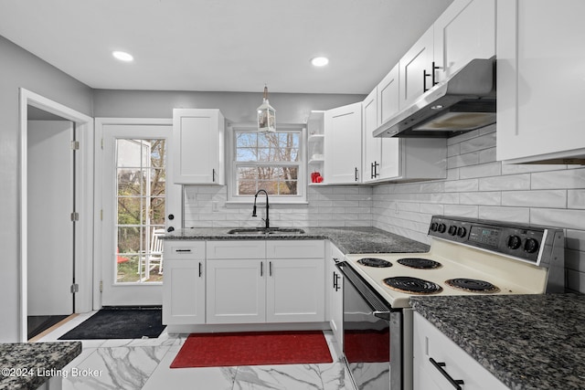 kitchen featuring white cabinets, white range with electric stovetop, and sink