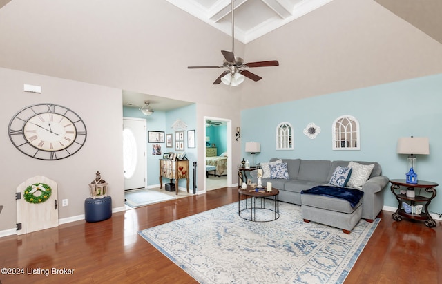 living room featuring ceiling fan, beam ceiling, dark hardwood / wood-style flooring, and high vaulted ceiling