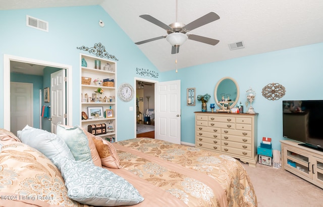 bedroom with ceiling fan, light carpet, and high vaulted ceiling