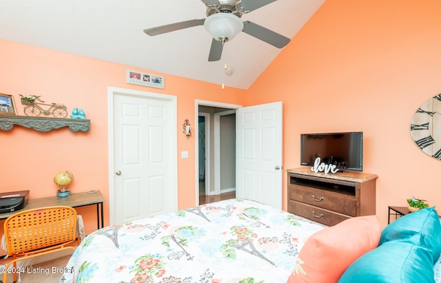 bedroom featuring ceiling fan and vaulted ceiling