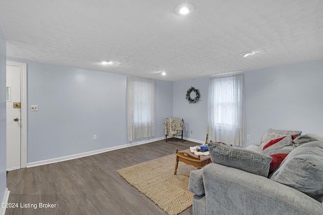 living room featuring hardwood / wood-style floors and a textured ceiling