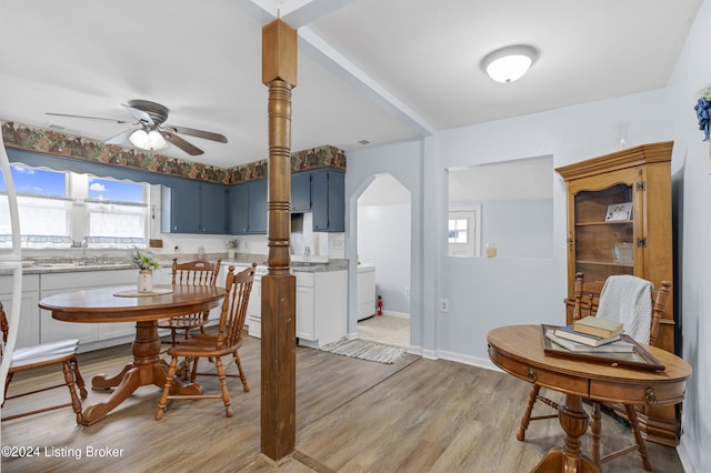 dining space with ceiling fan, sink, and light hardwood / wood-style floors