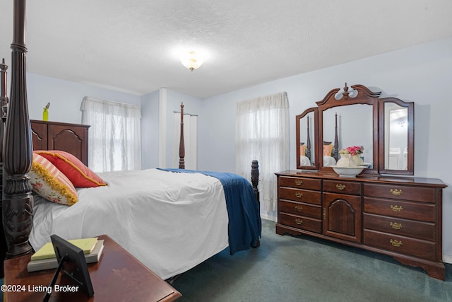 carpeted bedroom featuring a textured ceiling and multiple windows