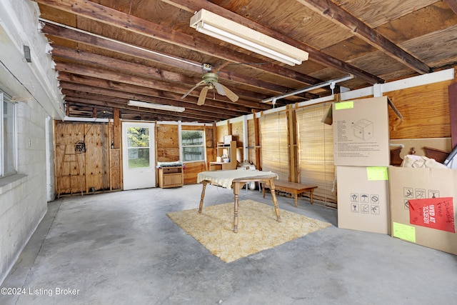 basement featuring ceiling fan