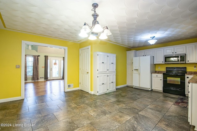 kitchen featuring black range with electric stovetop, white fridge with ice dispenser, hanging light fixtures, white cabinets, and ornamental molding