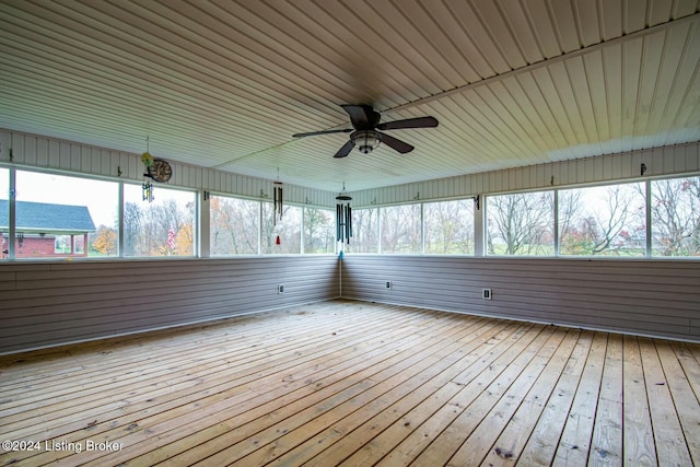 unfurnished sunroom featuring ceiling fan and wooden ceiling