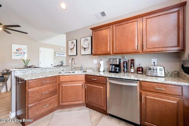 kitchen with sink, light hardwood / wood-style flooring, stainless steel dishwasher, ceiling fan, and light stone countertops