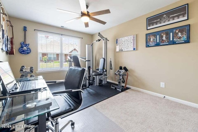 carpeted office with ceiling fan