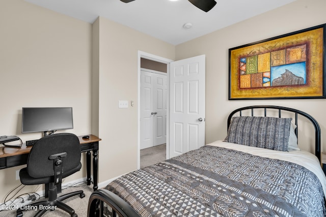 bedroom featuring ceiling fan and carpet floors