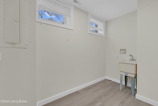 laundry area featuring electric panel, washer hookup, and light wood-type flooring