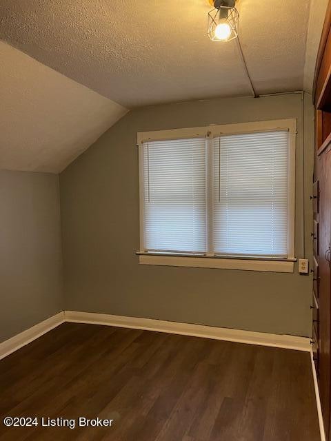 additional living space with a textured ceiling, dark hardwood / wood-style floors, and lofted ceiling