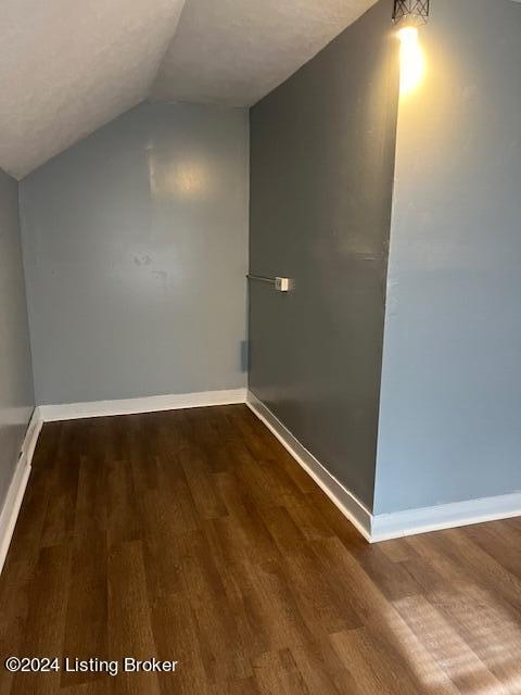 additional living space featuring a textured ceiling, lofted ceiling, and dark wood-type flooring