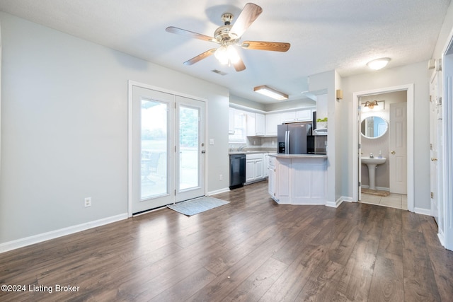 kitchen with dishwasher, dark wood-type flooring, white cabinets, ceiling fan, and stainless steel fridge with ice dispenser