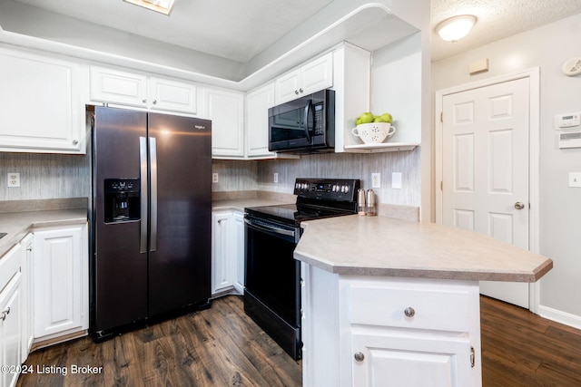 kitchen with white cabinetry, dark wood-type flooring, kitchen peninsula, a textured ceiling, and black appliances