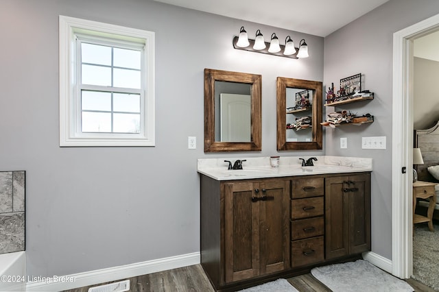 bathroom with vanity and hardwood / wood-style flooring