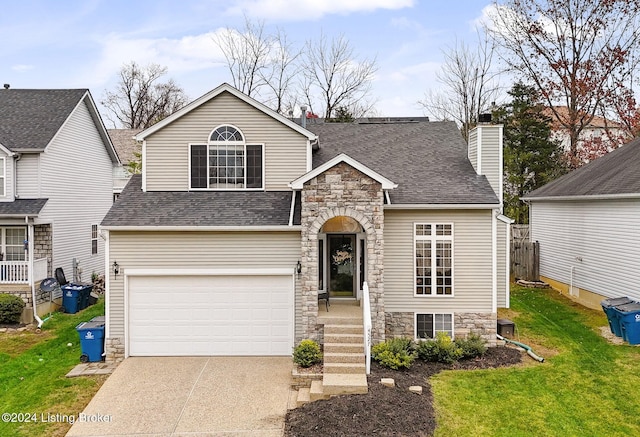 view of front of home with a front yard and a garage