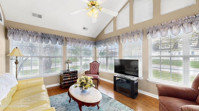 living room featuring hardwood / wood-style flooring, plenty of natural light, and ceiling fan