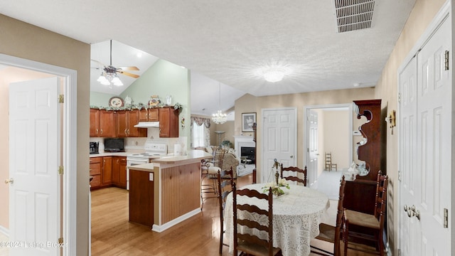 dining area featuring a textured ceiling, ceiling fan, light hardwood / wood-style floors, and lofted ceiling