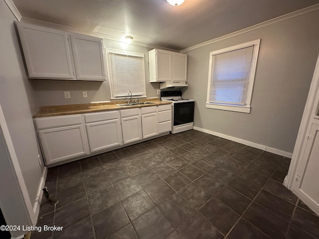 kitchen featuring white cabinets, electric stove, and sink