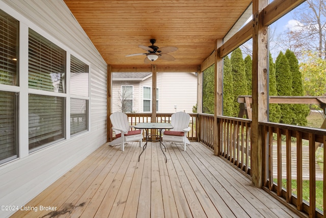 wooden terrace featuring ceiling fan