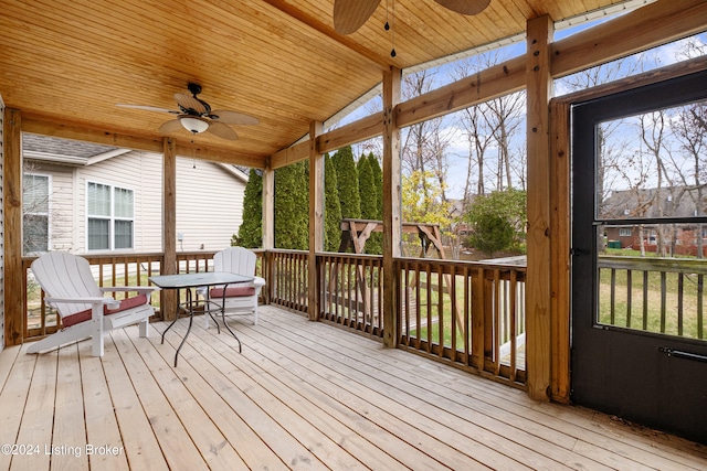 sunroom featuring lofted ceiling with beams, ceiling fan, and wood ceiling