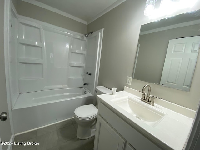 full bathroom featuring shower / bath combination, ornamental molding, vanity, tile patterned flooring, and toilet