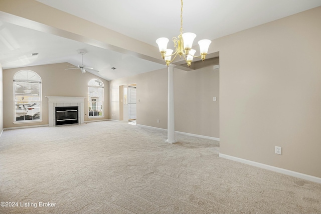 unfurnished living room featuring ceiling fan with notable chandelier, lofted ceiling, light carpet, and a tiled fireplace