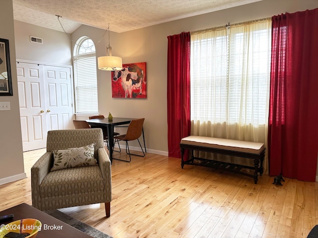 living area with lofted ceiling, light hardwood / wood-style floors, and a textured ceiling